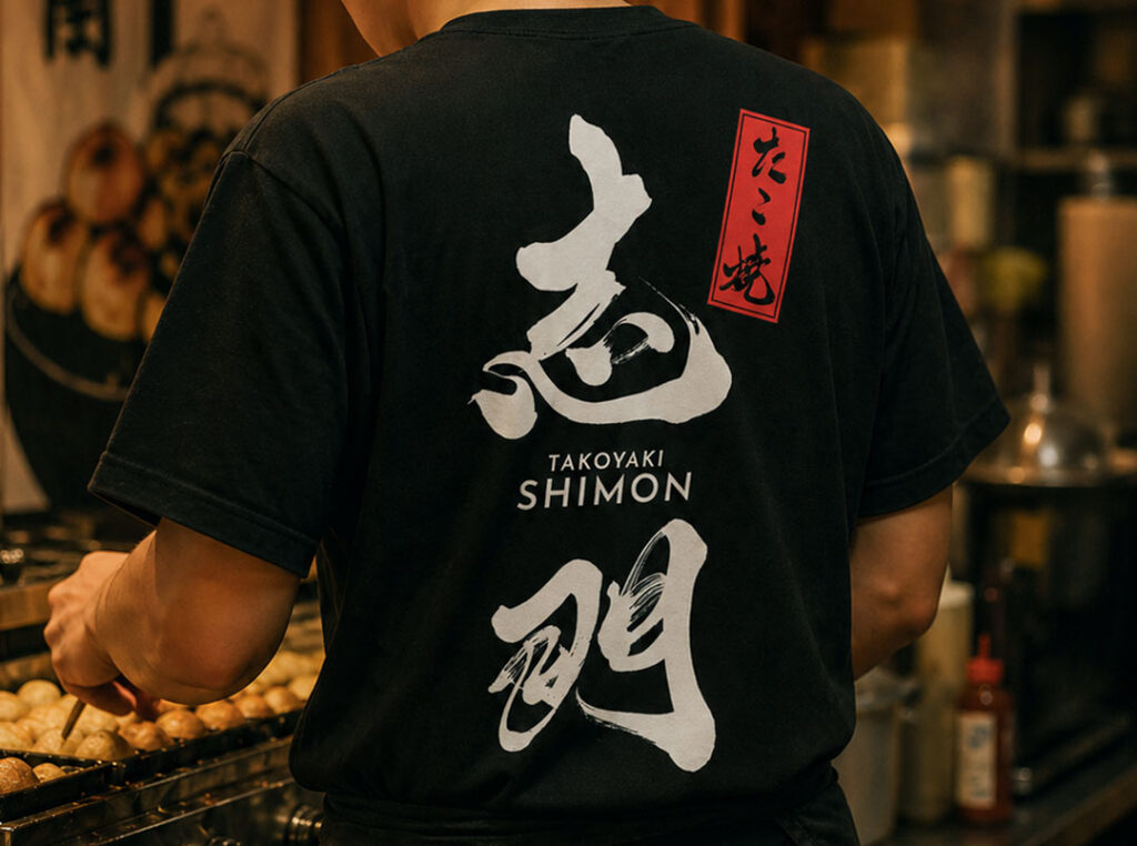 たこ焼き店の筆文字ロゴを転写したTシャツ
